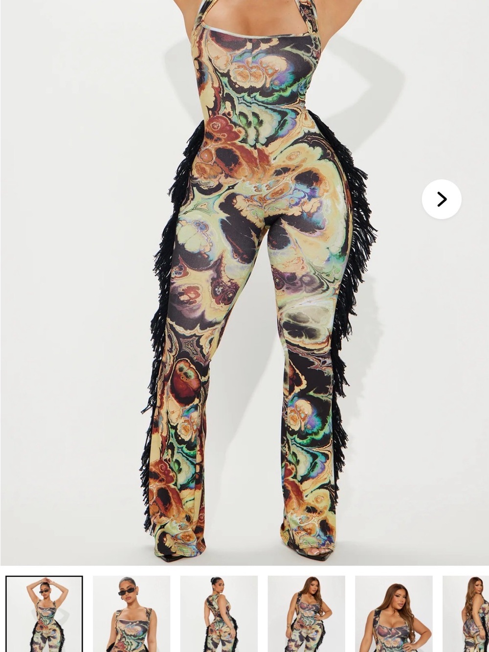 Fashion Nova Marble Print Fringe Halter Jumpsuit - Black Multicolor